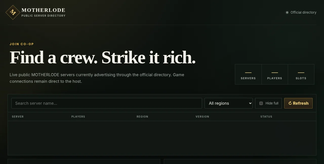 MOTHERLODE public server directory showing search, region filters, player totals, and server status